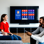 A diverse group of individuals, fully clothed in comfortable, modest attire, gathered in a modern, well-lit living room. They are enthusiastically watching a live sports event on a large screen television, with some holding smartphones or tablets to interact with a live chat or participate in real-time polls. Their faces show engaged expressions of excitement and camaraderie, emphasizing the interactive viewing experience and sense of community. The atmosphere is vibrant and positive. Professional photography, high resolution, soft cinematic lighting, appropriate content, safe for work, perfect anatomy, natural pose, correct proportions, well-formed hands, proper finger count, family-friendly.