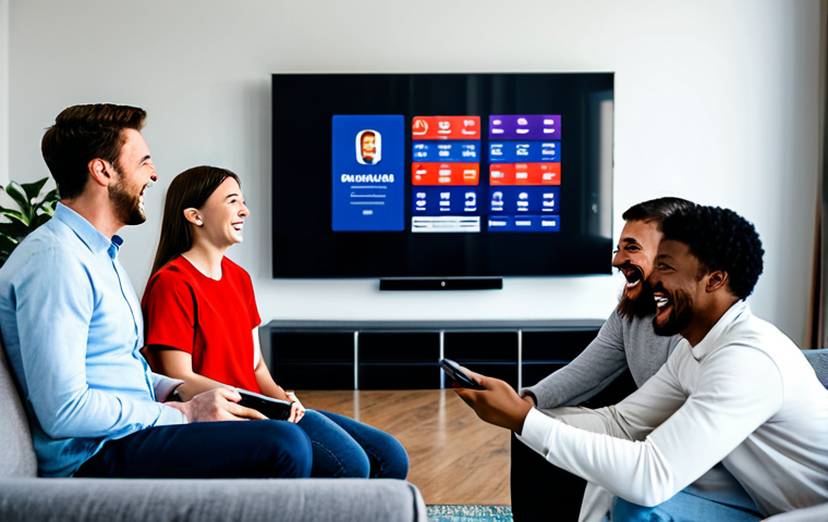 A diverse group of individuals, fully clothed in comfortable, modest attire, gathered in a modern, well-lit living room. They are enthusiastically watching a live sports event on a large screen television, with some holding smartphones or tablets to interact with a live chat or participate in real-time polls. Their faces show engaged expressions of excitement and camaraderie, emphasizing the interactive viewing experience and sense of community. The atmosphere is vibrant and positive. Professional photography, high resolution, soft cinematic lighting, appropriate content, safe for work, perfect anatomy, natural pose, correct proportions, well-formed hands, proper finger count, family-friendly.