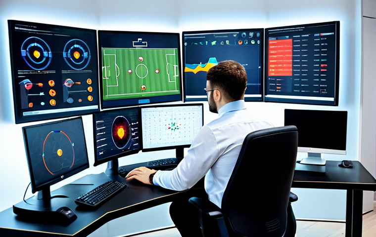 A professional sports data analyst, wearing a modest business casual outfit, intensely focused on multiple large holographic screens displaying intricate football (soccer) tactical diagrams, player heat maps, and live Expected Goals (xG) statistics in a modern, brightly lit sports analytics center. The room is clean and organized, with ergonomic desks and high-tech equipment. The atmosphere is one of focused intelligence and strategic insight. fully clothed, appropriate attire, safe for work, perfect anatomy, correct proportions, natural pose, well-formed hands, proper finger count, natural body proportions, professional photography, high quality, family-friendly.