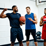 Personalized Training**
"A diverse group of athletes, fully clothed in appropriate athletic wear, engaged in various training exercises inside a modern, well-equipped gym. One athlete is working on free throws, another on speed drills. A coach observes attentively, holding a clipboard. Safe for work, appropriate content, perfect anatomy, correct proportions, professional, well-formed hands, proper finger count, natural body proportions, high quality."
**